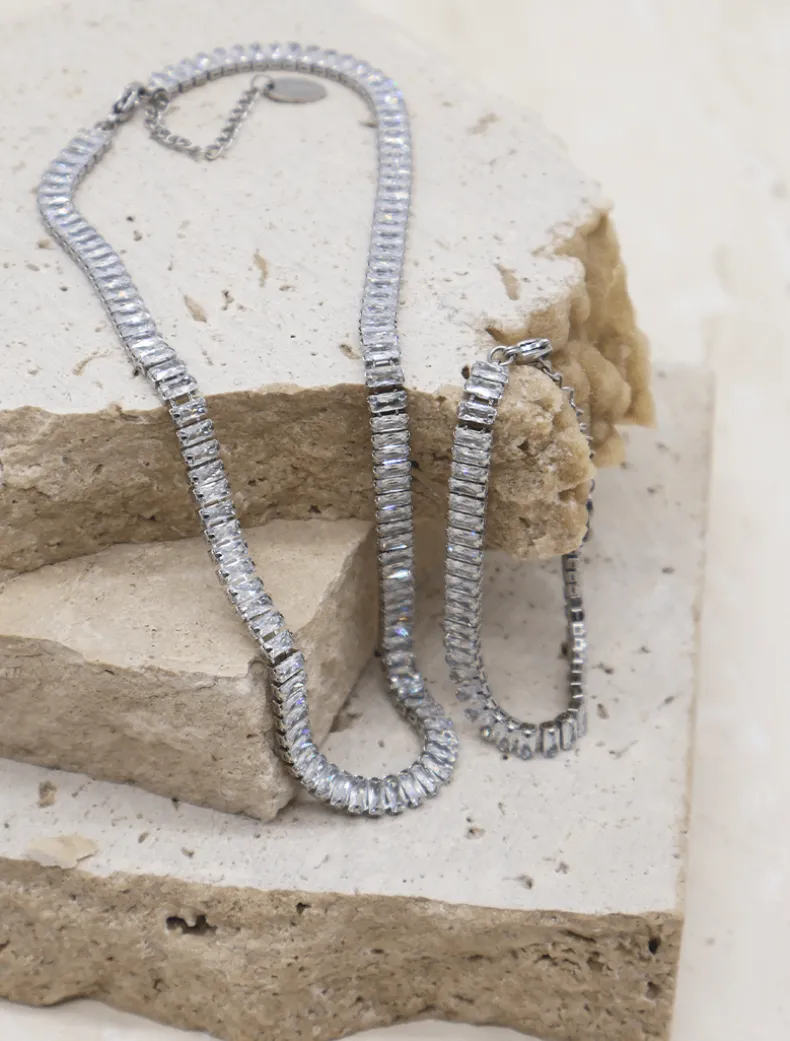 Baguette Crystal Necklace Silver
