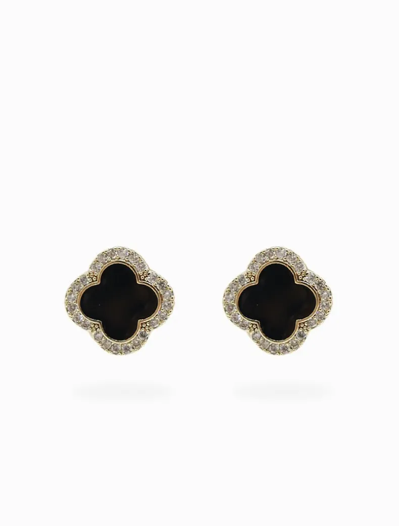 Black Enamel Clover Studs