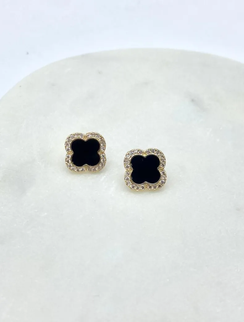 Black Enamel Clover Studs