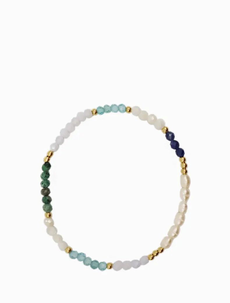 Blue Stone and Pearl Stretch Bracelet