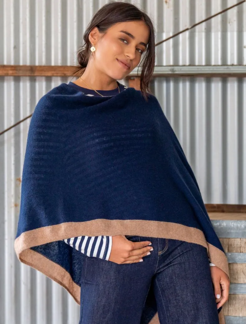 Cashmere Border Ponchette Navy Tan