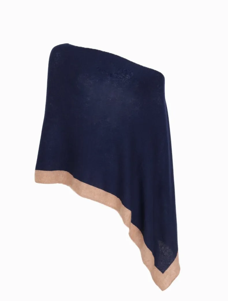 Cashmere Border Ponchette Navy Tan