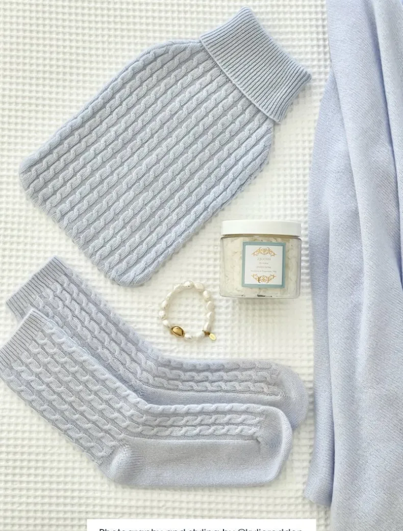 Cashmere Cable Knit Bed Socks Blue