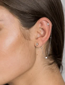 Chain Connected Crystal Studs Silver