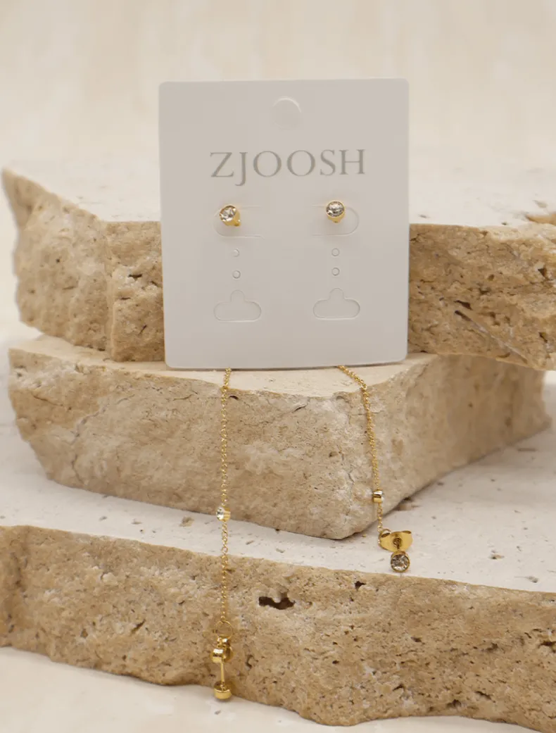 Chain Connected Crystal Studs Gold