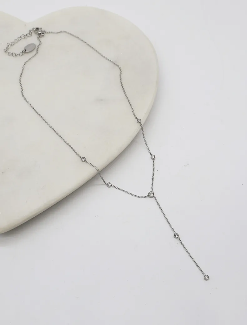 Crystal Long Drop Necklace Silver