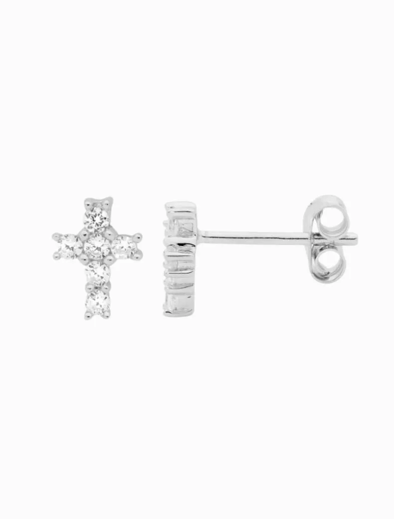 Cubic Zirconia Claw Set Cross Studs Rhodium