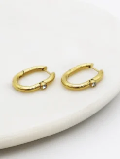 Gold and 1 Crystal Hinged Hoops