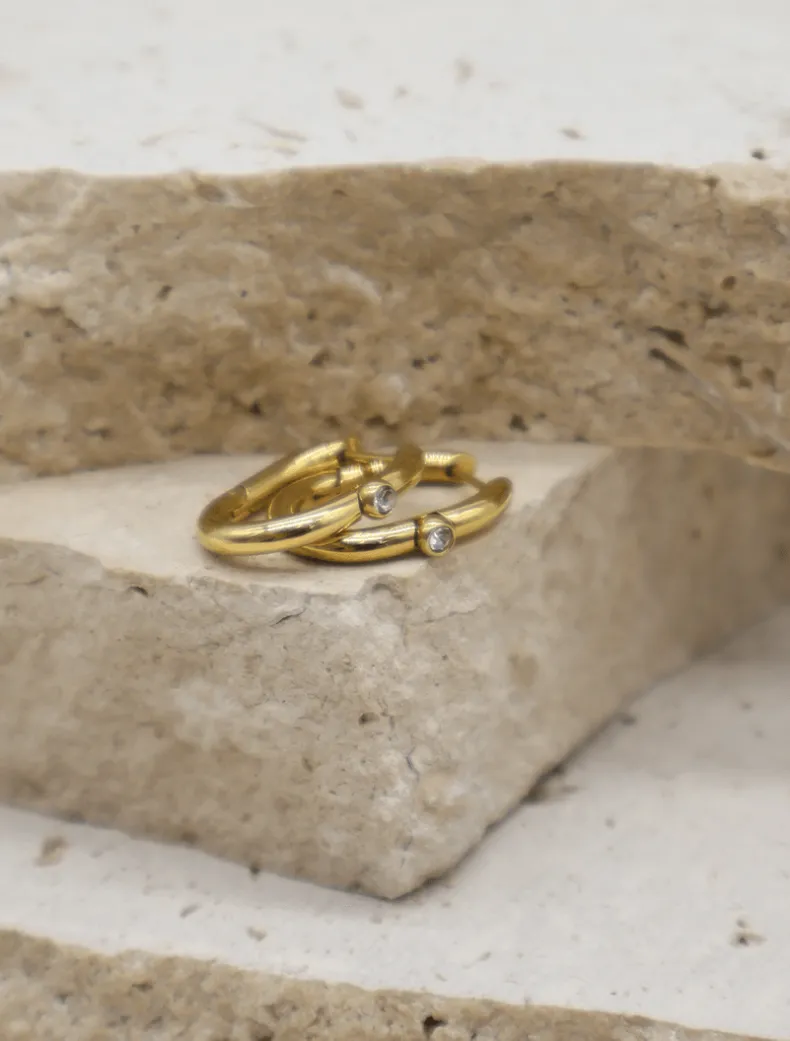 Gold and 1 Crystal Hinged Hoops