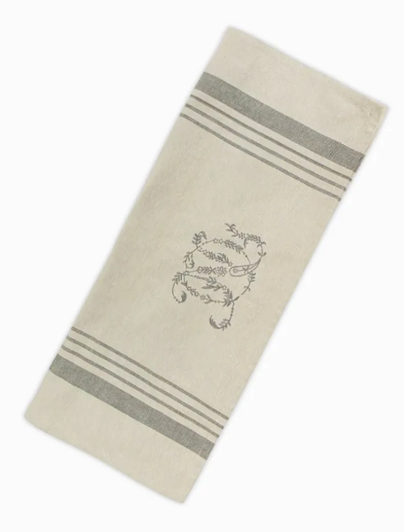 Natural Stripe Monogram Tea Towel Grey