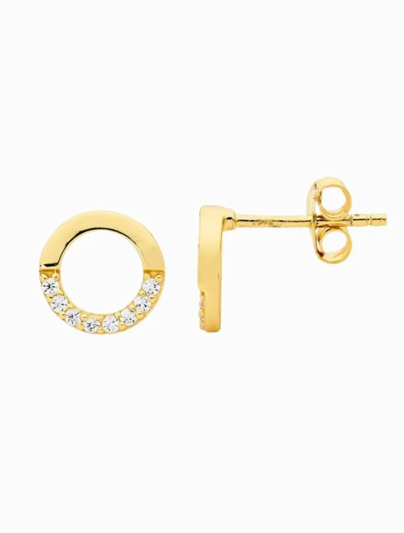 Open Circle Earrings Half Cubic Zirconia Gold