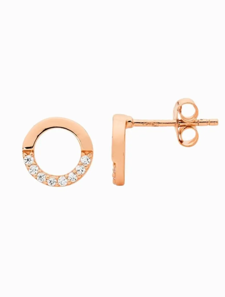 Open Circle Earrings Half Cubic Zirconia Rose Gold