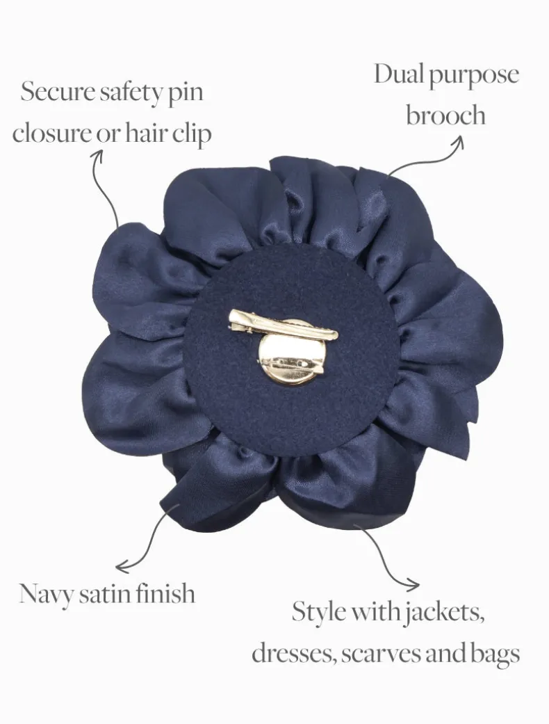 Satin Flower Brooch Navy