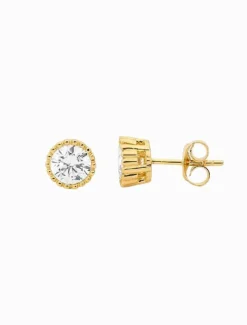 Stainless Steel 4mm Cubic Zirconia Crown Set Earring Gold