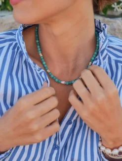 Stone and Pearl Necklace Aqua